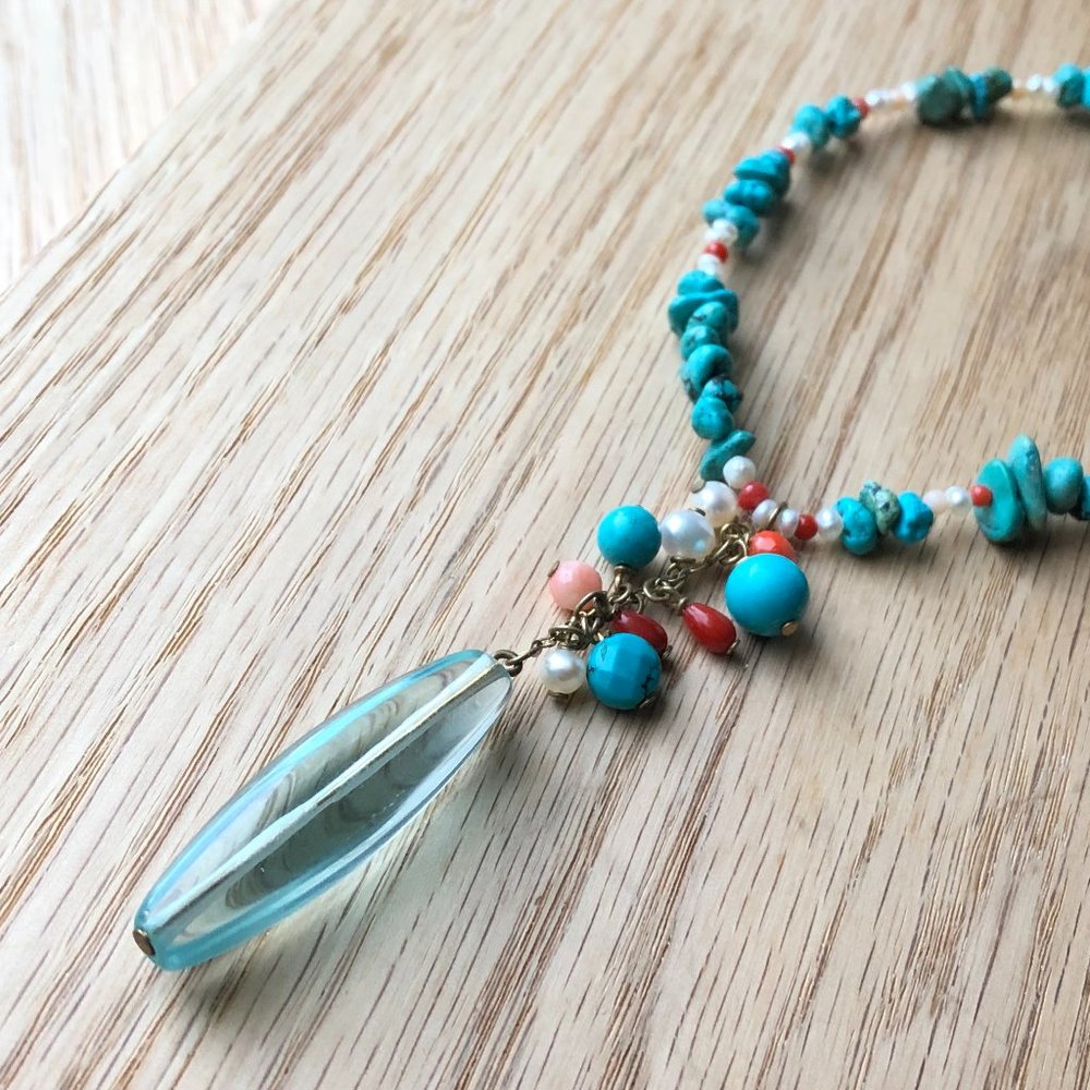 Turquoise, Coral,  Pearl  Necklace